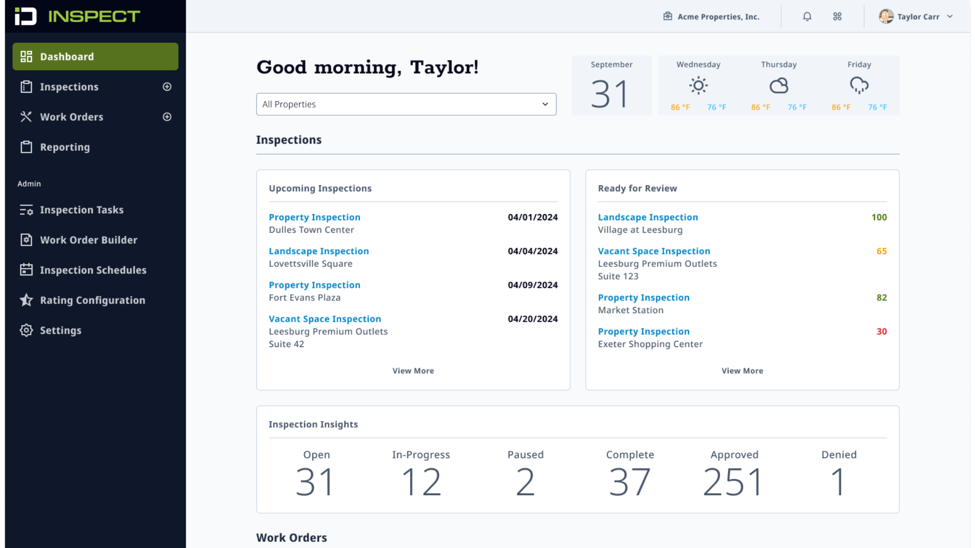 This screenshot of ID Cloud: INSPECT shows the dashboard, upcoming inspections, inspections ready for review, and inspection insights. 